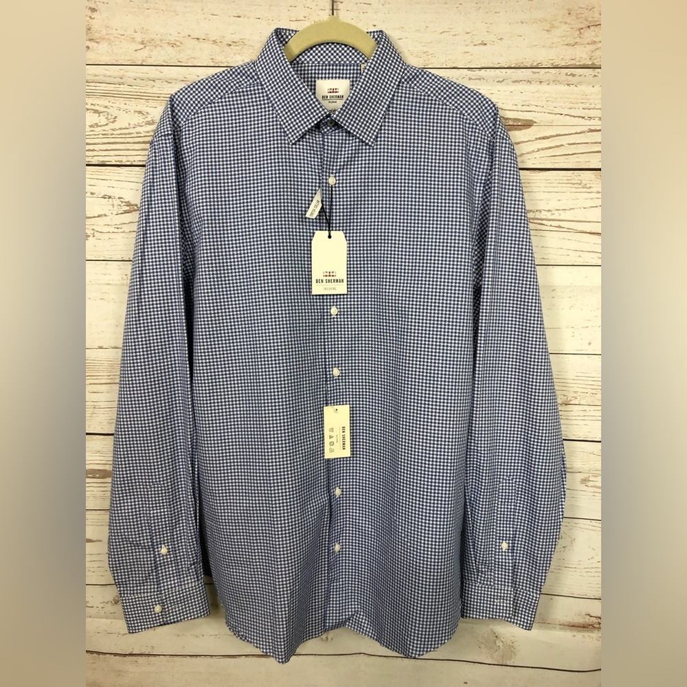 NEW NWT BEN SHERMAN tailored slim fit blue white check shirt sz 16 x 34/35